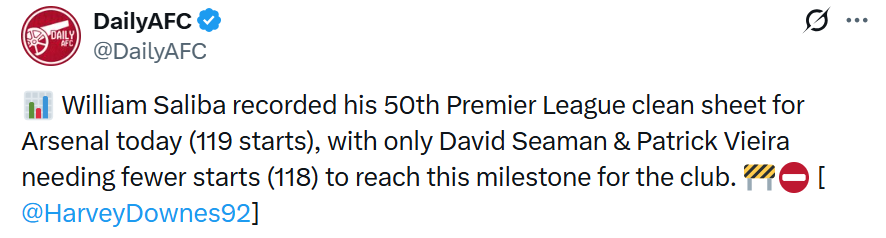 萨利巴完成英超生涯第50次零封，只有希曼和维埃拉更快